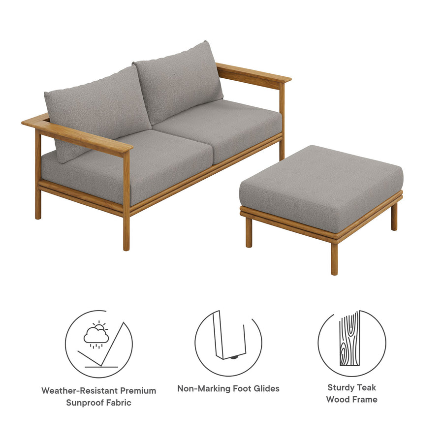 Basalt 2-Piece Outdoor Patio Teak Wood Sofa and Ottoman Set in Natural Driftwood