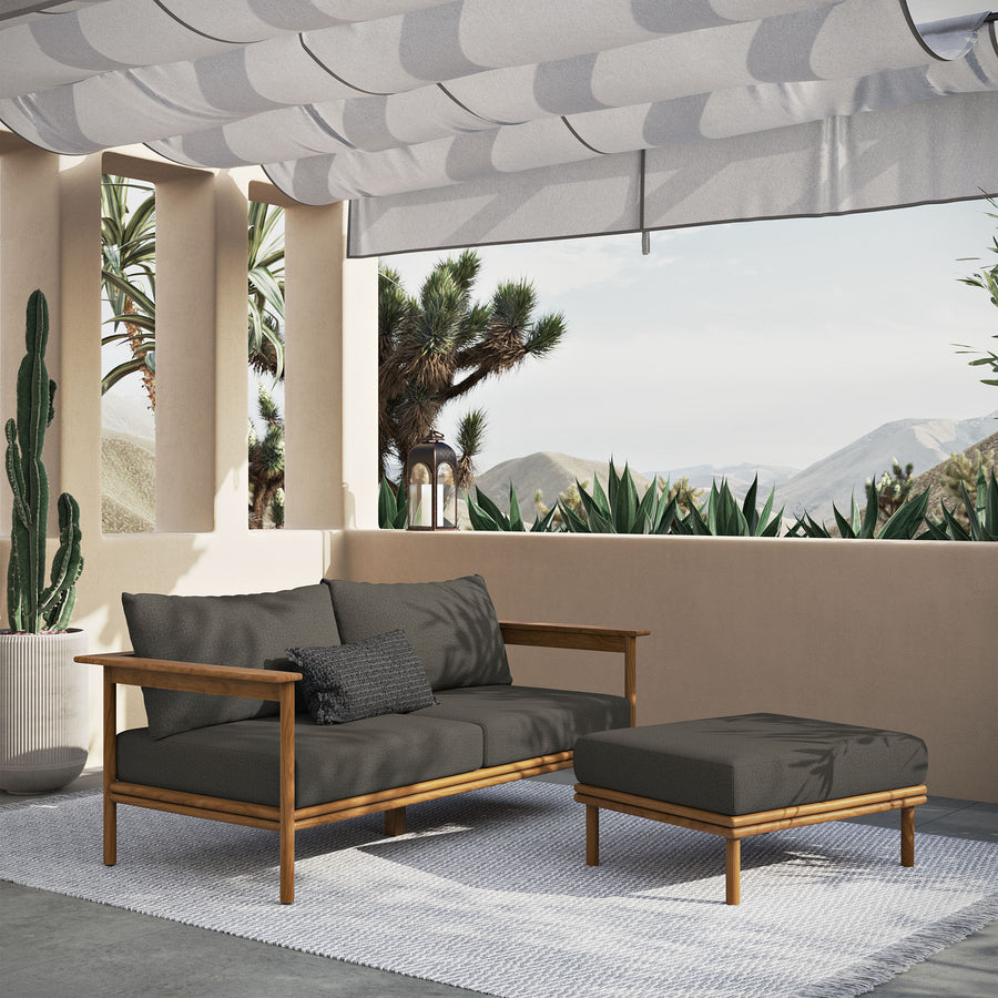 Basalt 2-Piece Outdoor Patio Teak Wood Sofa and Ottoman Set in Natural Flint Gray