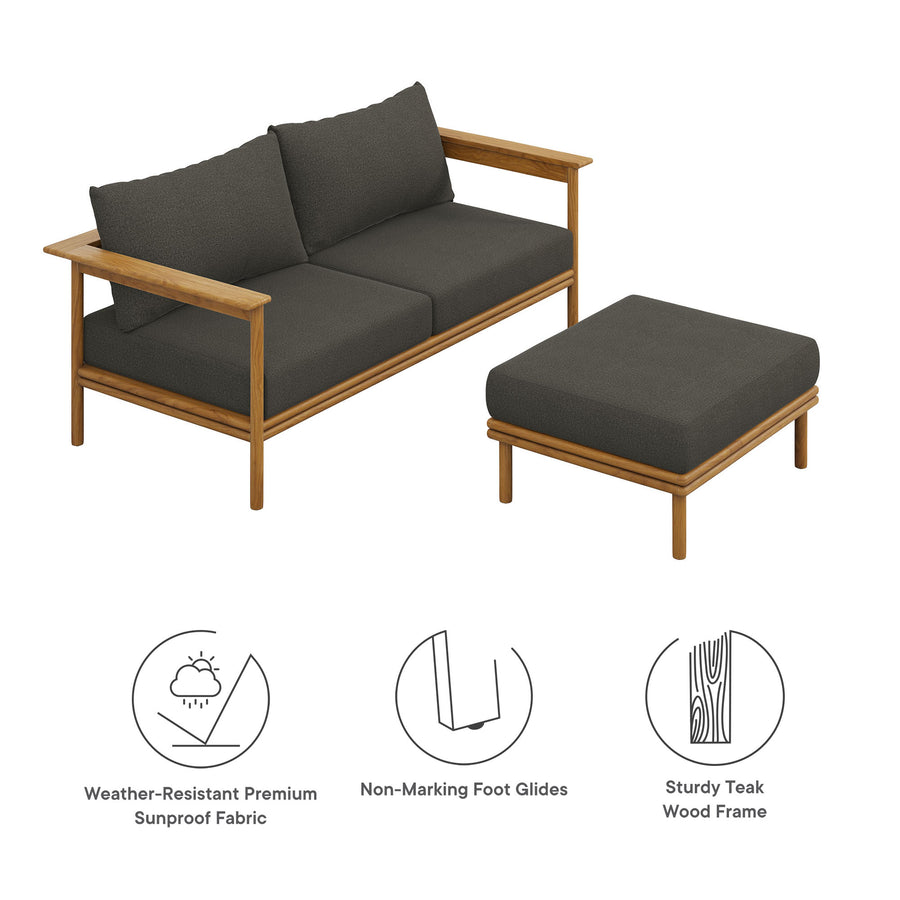 Basalt 2-Piece Outdoor Patio Teak Wood Sofa and Ottoman Set in Natural Flint Gray