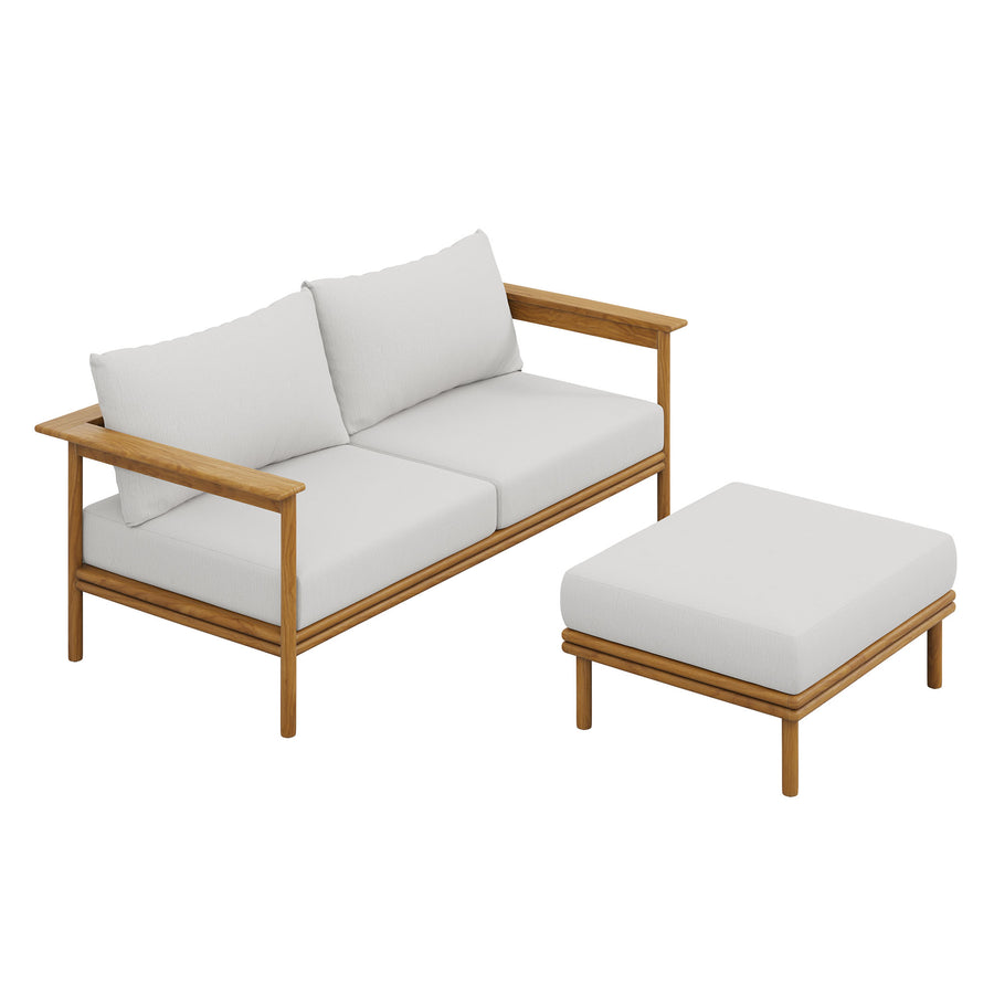 Basalt 2-Piece Outdoor Patio Teak Wood Sofa and Ottoman Set in Natural Sail