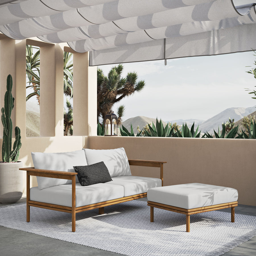 Basalt 2-Piece Outdoor Patio Teak Wood Sofa and Ottoman Set in Natural Sail