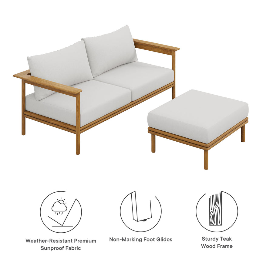 Basalt 2-Piece Outdoor Patio Teak Wood Sofa and Ottoman Set in Natural Sail