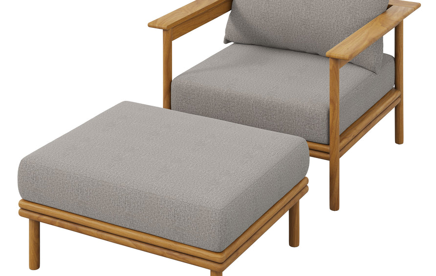 Basalt Outdoor Patio Teak Wood Armchair and Ottoman Set in Natural Driftwood