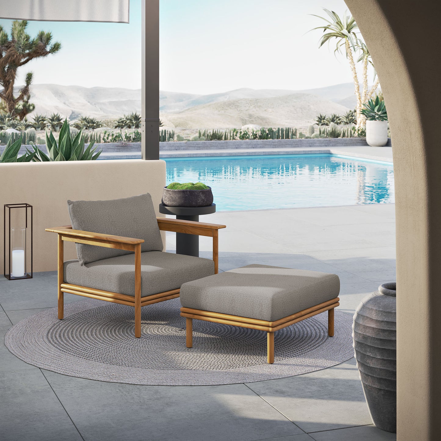 Wren Outdoor Patio Teak Wood Armchair and Ottoman Set by Furniture For America