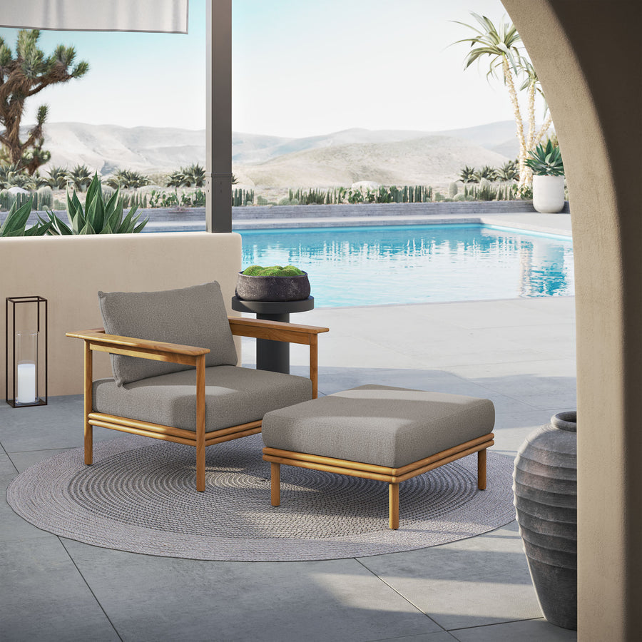 Basalt Outdoor Patio Teak Wood Armchair and Ottoman Set in Natural Driftwood