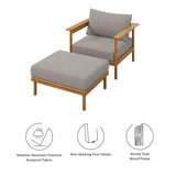 Basalt Outdoor Patio Teak Wood Armchair and Ottoman Set in Natural Driftwood