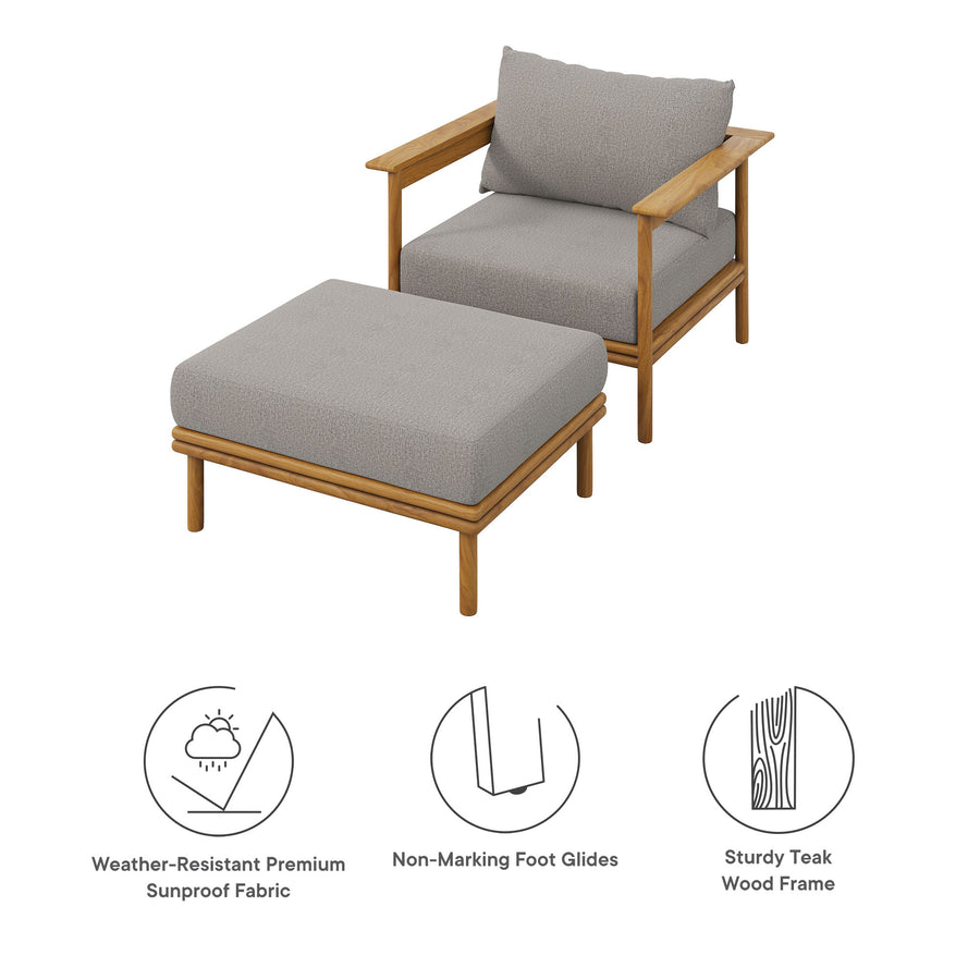 Basalt Outdoor Patio Teak Wood Armchair and Ottoman Set in Natural Driftwood