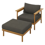 Basalt Outdoor Patio Teak Wood Armchair and Ottoman Set in Natural Flint Gray