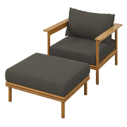Wren Outdoor Patio Teak Wood Armchair and Ottoman Set in Natural Flint Gray