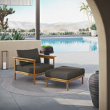 Basalt Outdoor Patio Teak Wood Armchair and Ottoman Set in Natural Flint Gray