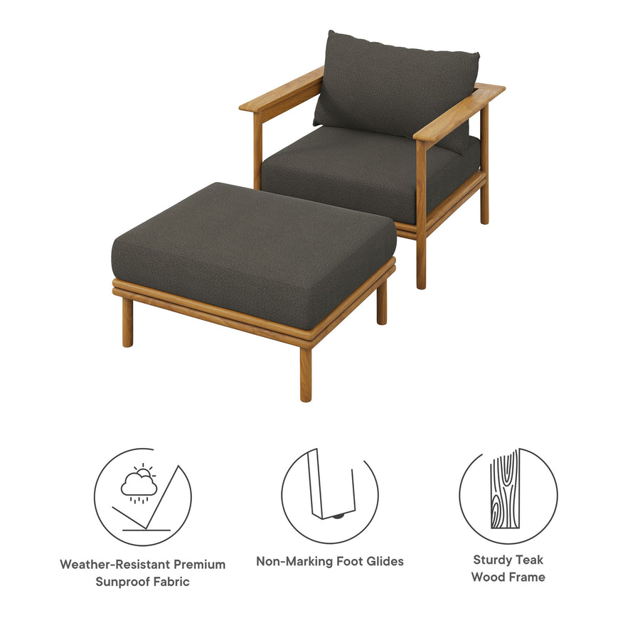 Basalt Outdoor Patio Teak Wood Armchair and Ottoman Set in Natural Flint Gray