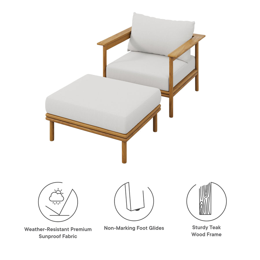 Basalt Outdoor Patio Teak Wood Armchair and Ottoman Set in Natural Sail