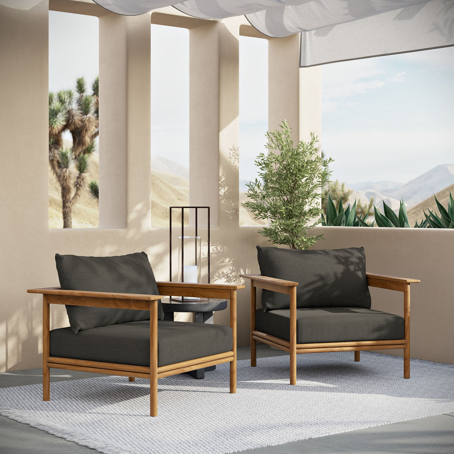 Basalt Outdoor Patio Teak Wood Armchair Set of 2 in Natural Flint Gray