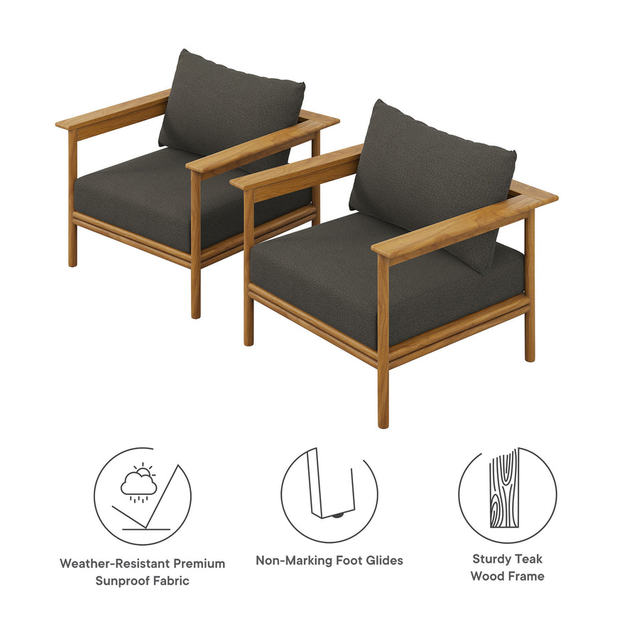 Basalt Outdoor Patio Teak Wood Armchair Set of 2 in Natural Flint Gray