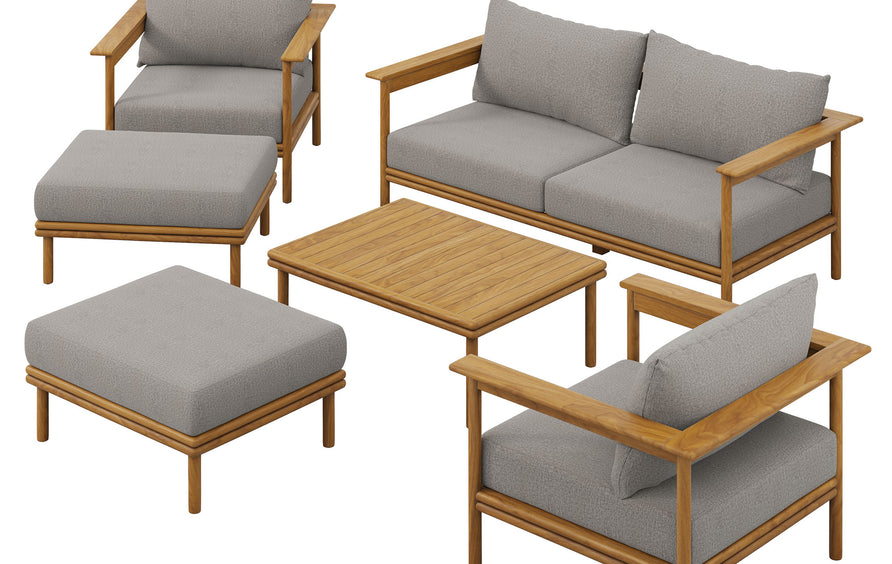 Basalt 6-Piece Outdoor Patio Teak Wood Furniture Set in Natural Driftwood