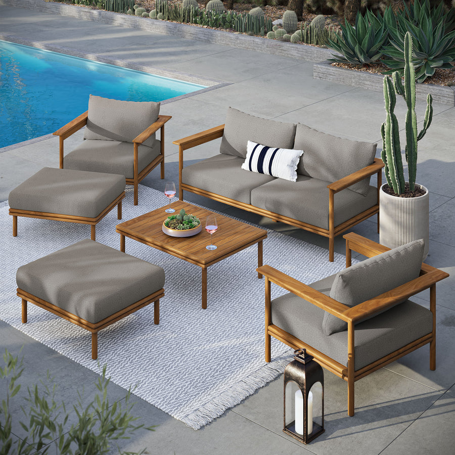 Basalt 6-Piece Outdoor Patio Teak Wood Furniture Set in Natural Driftwood