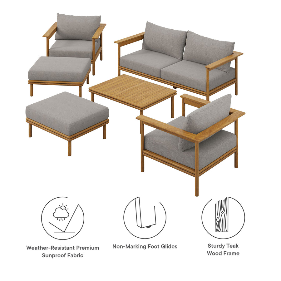 Basalt 6-Piece Outdoor Patio Teak Wood Furniture Set in Natural Driftwood