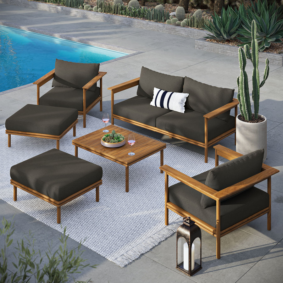 Basalt 6-Piece Outdoor Patio Teak Wood Furniture Set in Natural Flint Gray