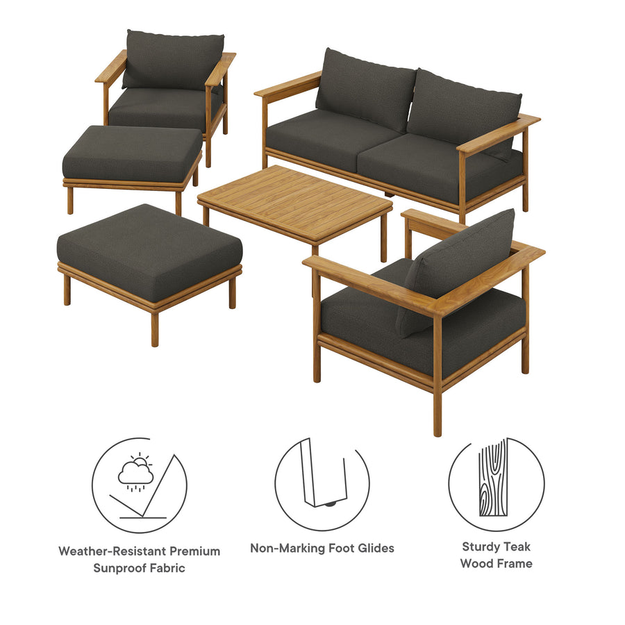 Basalt 6-Piece Outdoor Patio Teak Wood Furniture Set in Natural Flint Gray