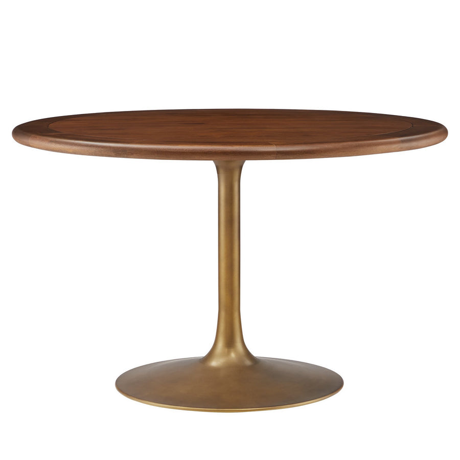 Lumen 48" Round Pedestal Solid Wood Dining Table in Brass Walnut