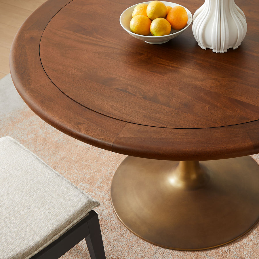 Lumen 48" Round Pedestal Solid Wood Dining Table in Brass Walnut
