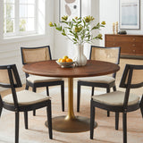 Lumen 48" Round Pedestal Solid Wood Dining Table in Brass Walnut