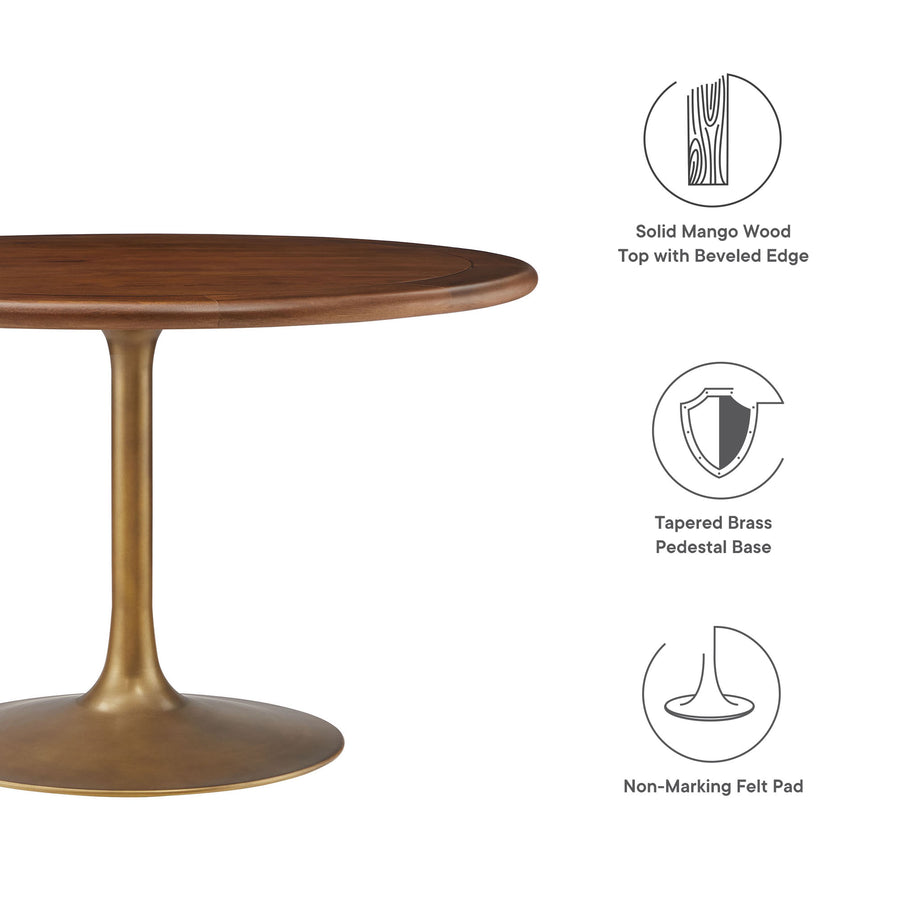 Lumen 48" Round Pedestal Solid Wood Dining Table in Brass Walnut