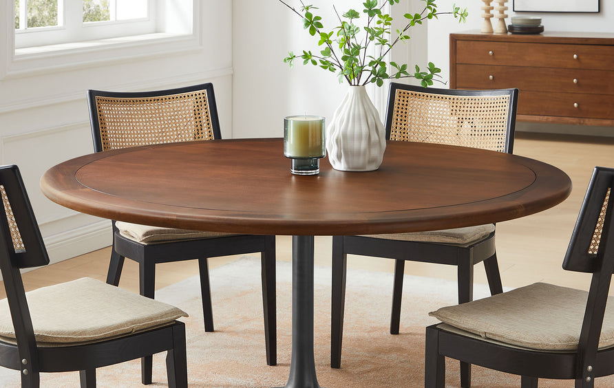 Lumen 60" Round Pedestal Solid Wood Dining Table in Black Walnut