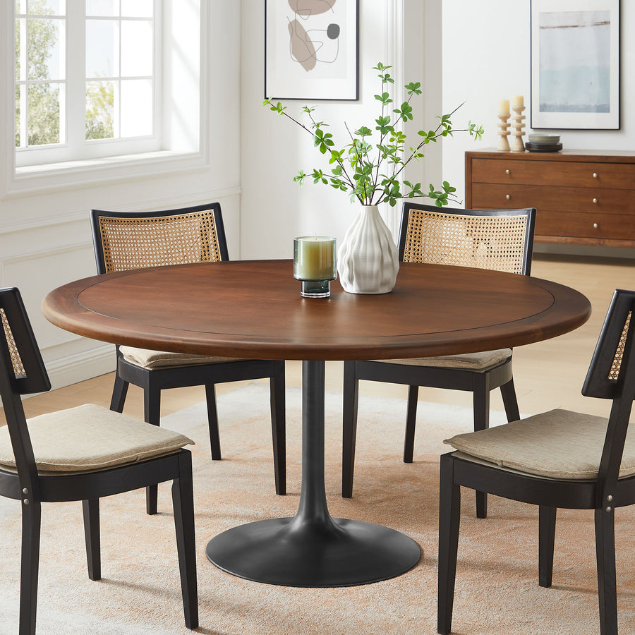 Lumen 60" Round Pedestal Solid Wood Dining Table in Black Walnut