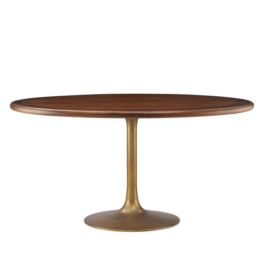 Lumen 60" Round Pedestal Solid Wood Dining Table in Brass Walnut