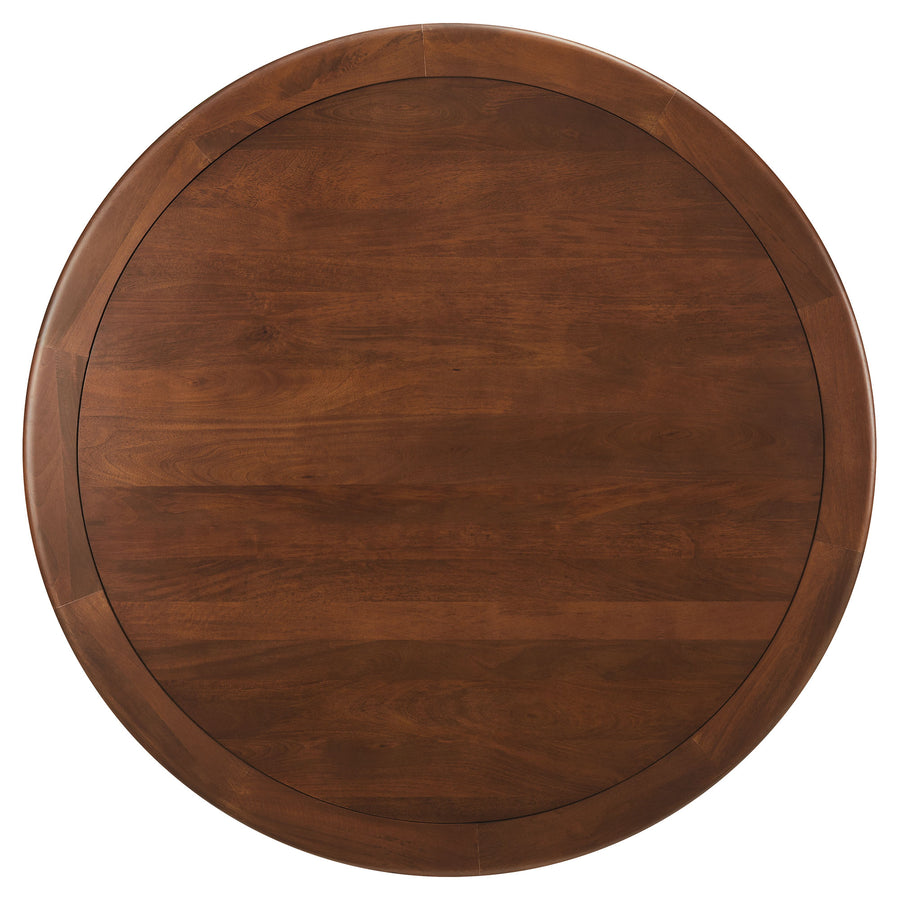 Lumen 60" Round Pedestal Solid Wood Dining Table in Brass Walnut
