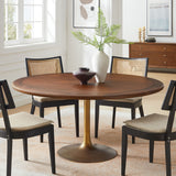 Lumen 60" Round Pedestal Solid Wood Dining Table in Brass Walnut
