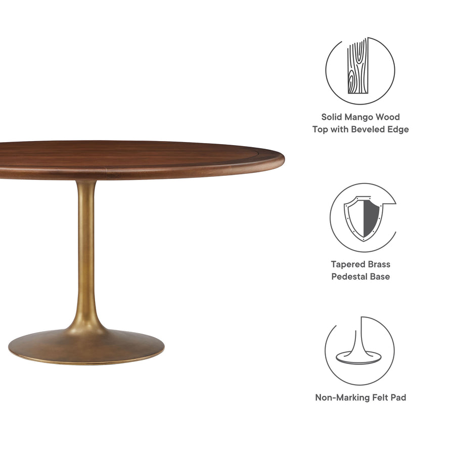 Lumen 60" Round Pedestal Solid Wood Dining Table in Brass Walnut