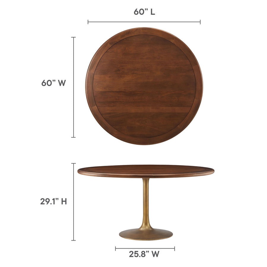Lumen 60" Round Pedestal Solid Wood Dining Table in Brass Walnut