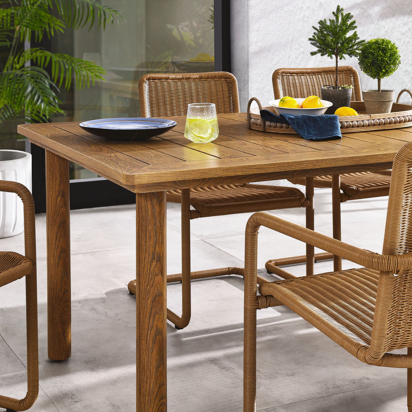 Bual 7-Piece Rectangular Outdoor Patio Aluminum Dining Table Set with Rattan Armchairs in Natural Natural