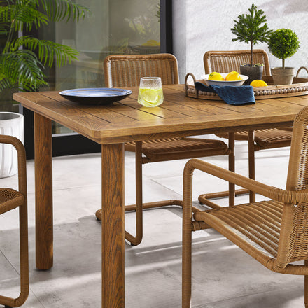 Abacus 7-Piece Rectangular Outdoor Patio Aluminum Dining Table Set with Rattan Armchairs in Natural Natural