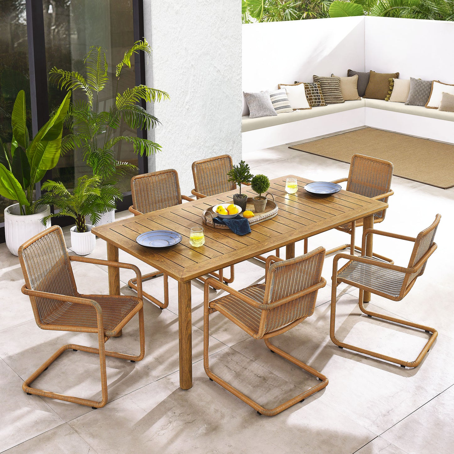 Bual 7-Piece Rectangular Outdoor Patio Aluminum Dining Table Set with Rattan Armchairs in Natural Natural