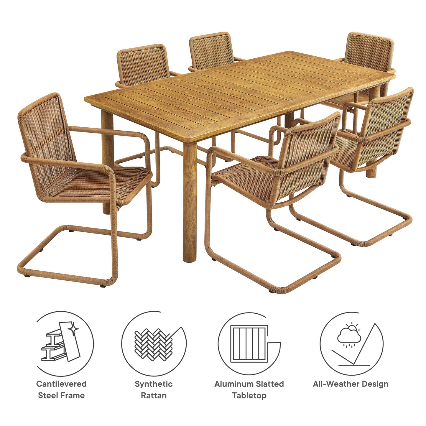 Bual 7-Piece Rectangular Outdoor Patio Aluminum Dining Table Set with Rattan Armchairs in Natural Natural