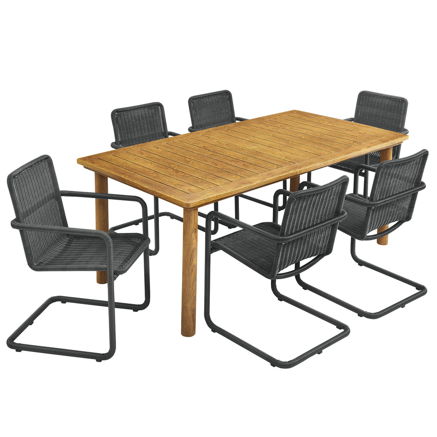Bual 7-Piece Rectangular Outdoor Patio Aluminum Dining Table Set with Rattan Armchairs in Slate Natural