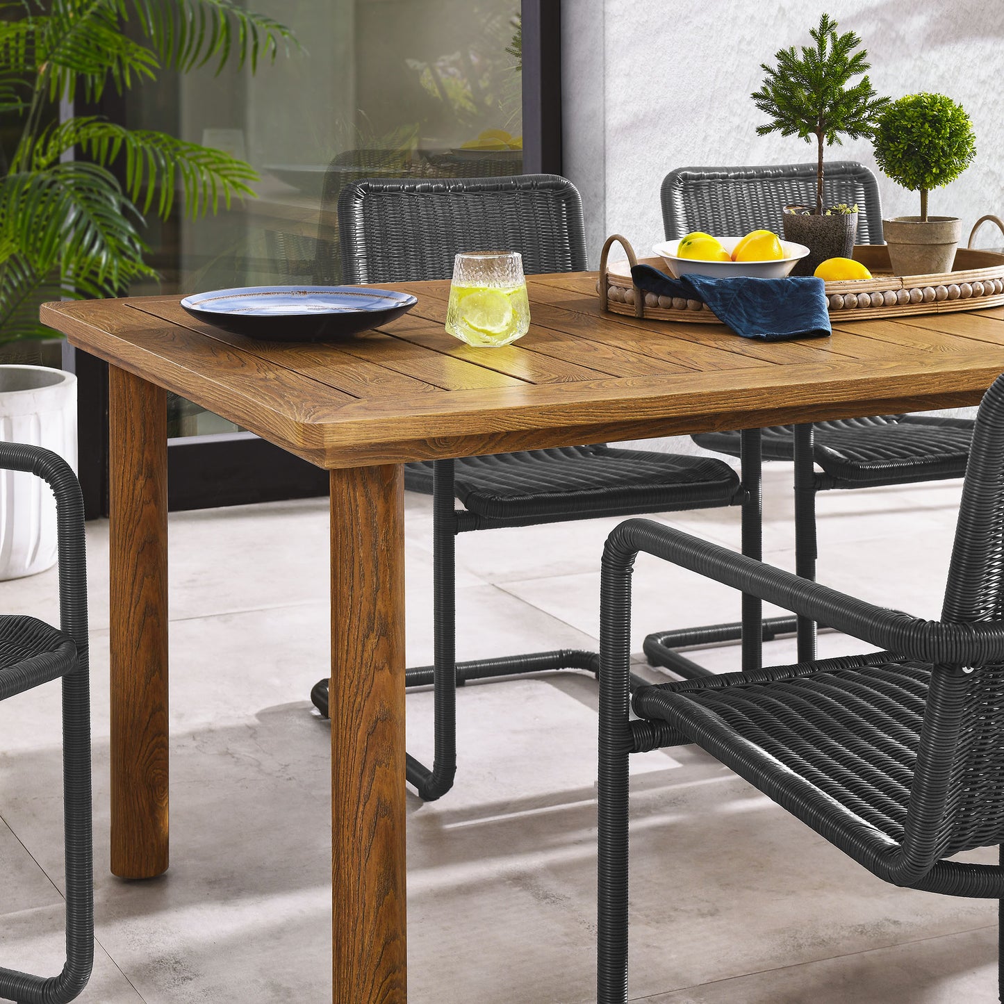 Bual 7-Piece Rectangular Outdoor Patio Aluminum Dining Table Set with Rattan Armchairs in Slate Natural