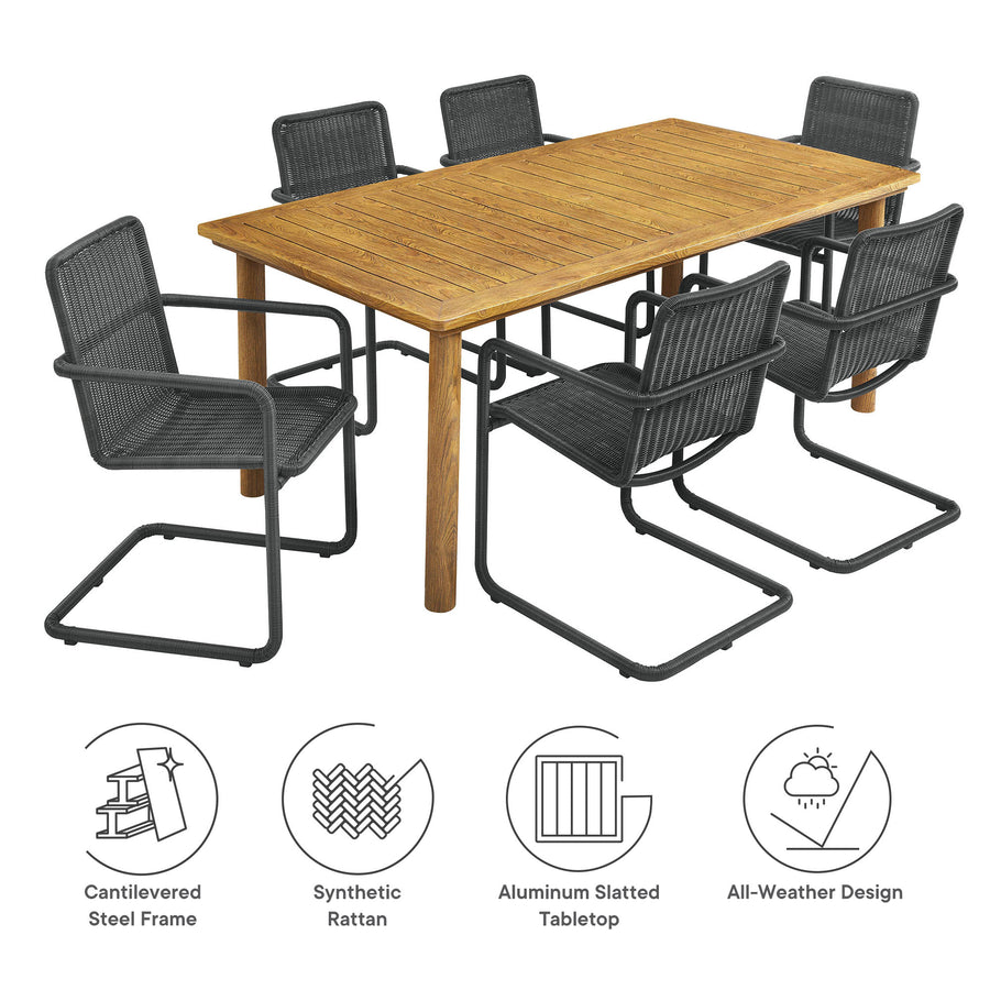 Bual 7-Piece Rectangular Outdoor Patio Aluminum Dining Table Set with Rattan Armchairs in Slate Natural