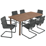 Bual 7-Piece Rectangular Outdoor Patio Aluminum Dining Table Set with Rattan Armchairs in Slate Walnut