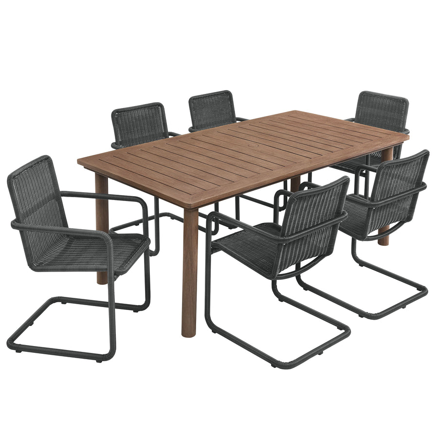 Bual 7-Piece Rectangular Outdoor Patio Aluminum Dining Table Set with Rattan Armchairs in Slate Walnut