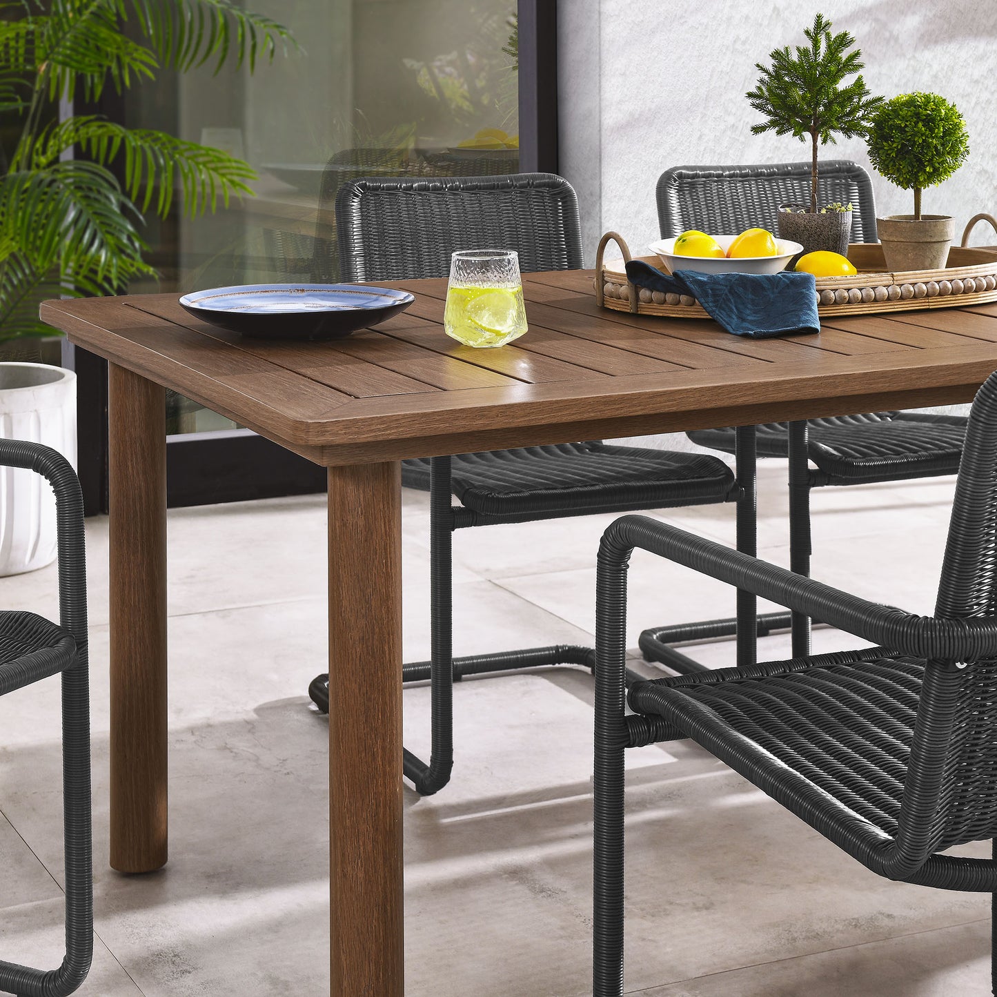 Bual 7-Piece Rectangular Outdoor Patio Aluminum Dining Table Set with Rattan Armchairs in Slate Walnut