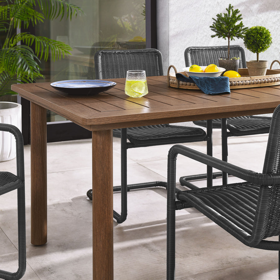 Bual 7-Piece Rectangular Outdoor Patio Aluminum Dining Table Set with Rattan Armchairs in Slate Walnut