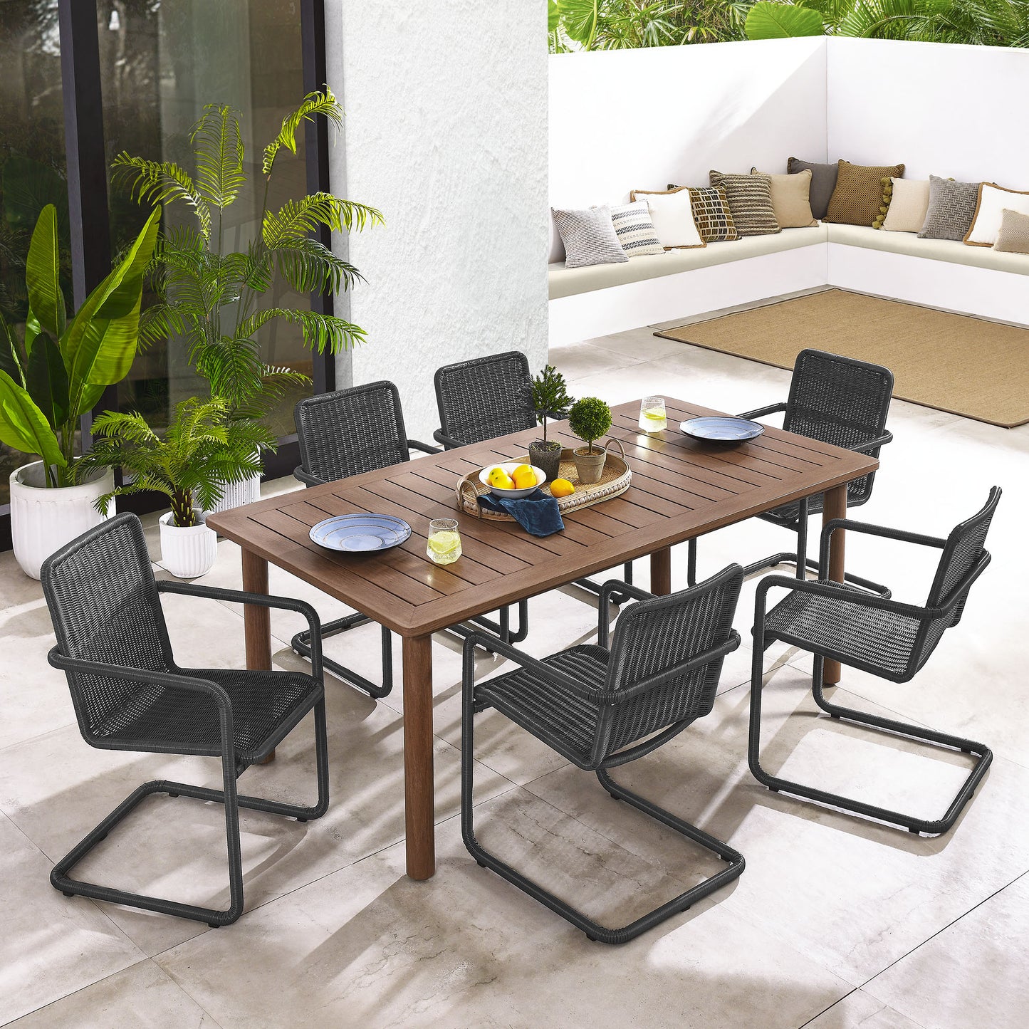 Bual 7-Piece Rectangular Outdoor Patio Aluminum Dining Table Set with Rattan Armchairs in Slate Walnut