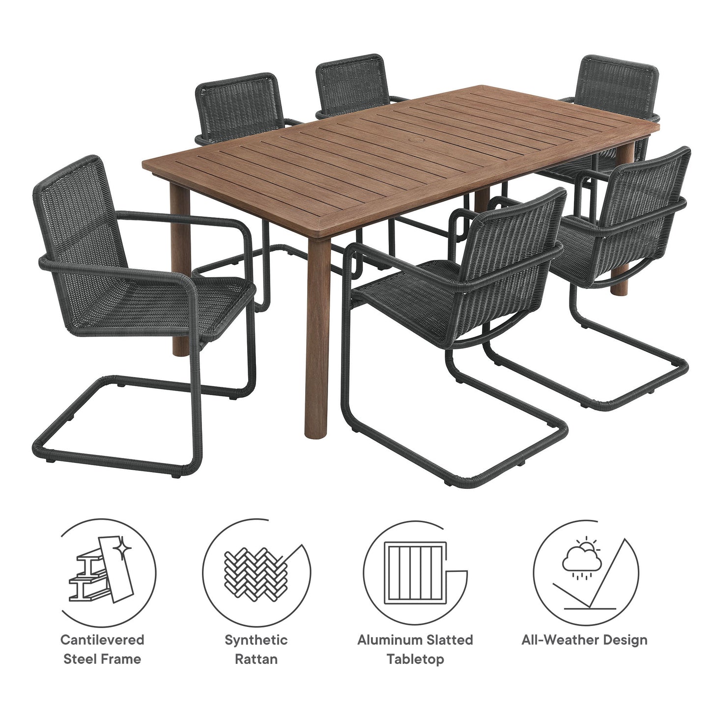 Bual 7-Piece Rectangular Outdoor Patio Aluminum Dining Table Set with Rattan Armchairs in Slate Walnut