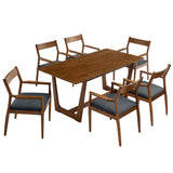 Marble 7-Piece Wood Dining Set with Vegan Leather Armchairs in Walnut Black