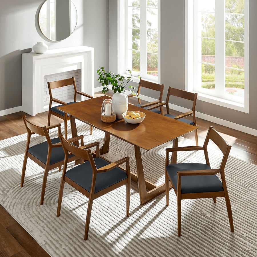 Marble 7-Piece Wood Dining Set with Vegan Leather Armchairs in Walnut Black
