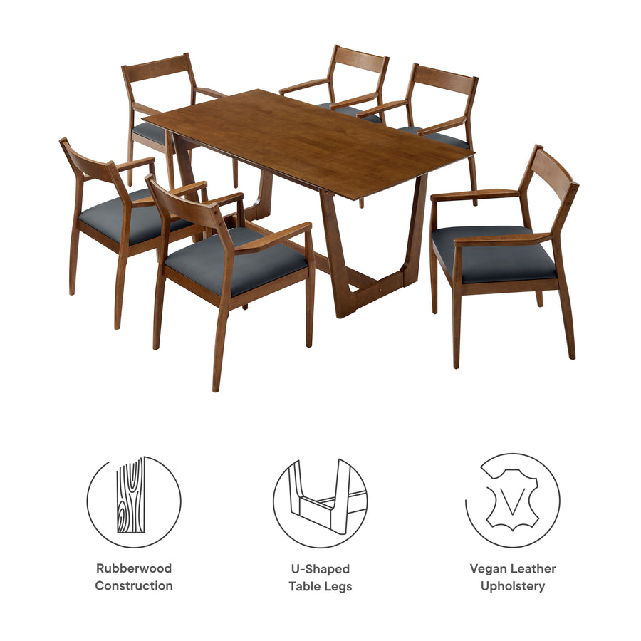 Marble 7-Piece Wood Dining Set with Vegan Leather Armchairs in Walnut Black